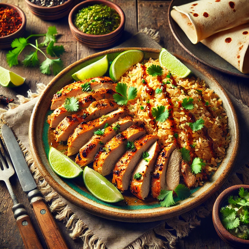 Grilled Chipotle Chicken served on a wooden board with lime wedges, fresh cilantro, and chipotle sauce – smoky, flavorful, and perfect for tacos or meal prep