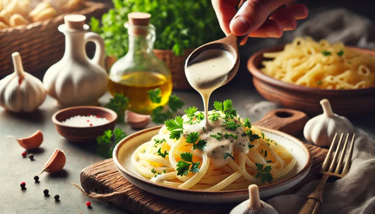 A high-quality featured image of a creamy garlic sauce being drizzled over pasta in a rustic kitchen setting, garnished with fresh parsley