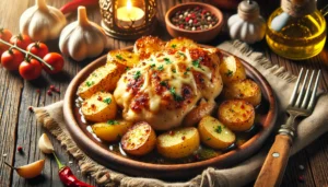 A beautifully plated dish of garlic Parmesan chicken with golden, crispy baby potatoes, topped with melted Parmesan and fresh parsley, served on a rustic wooden plate.