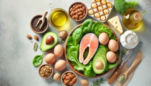 Keto-friendly foods including avocado, eggs, and salmon on a wooden table
