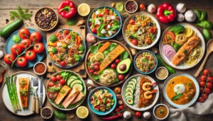 A vibrant flat-lay of healthy dinner dishes including salmon, stir-fry, quinoa bowls, and stuffed peppers on a rustic wooden table.