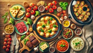 A visually appealing collage of keto crockpot meals, including cheesy casseroles, slow-cooked meats, and hearty soups, set against a rustic wooden table. Text overlay reads '20 Easy Keto Crockpot Recipes' in a stylish font