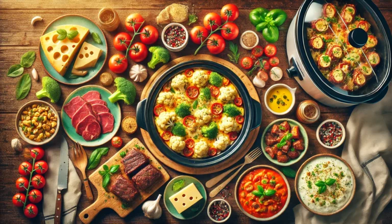 A visually appealing collage of keto crockpot meals, including cheesy casseroles, slow-cooked meats, and hearty soups, set against a rustic wooden table. Text overlay reads '20 Easy Keto Crockpot Recipes' in a stylish font
