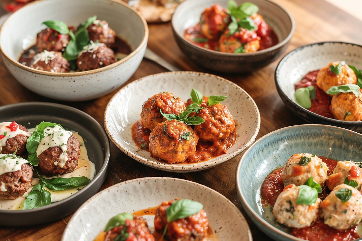 "A variety of keto meatballs served in different bowls, each showcasing a unique style like classic beef, cheesy stuffed, buffalo chicken, and garlic butter turkey. The meatballs are garnished with fresh herbs and paired with sauces like marinara, pesto, and buffalo sauce, arranged in elegant and rustic bowls
