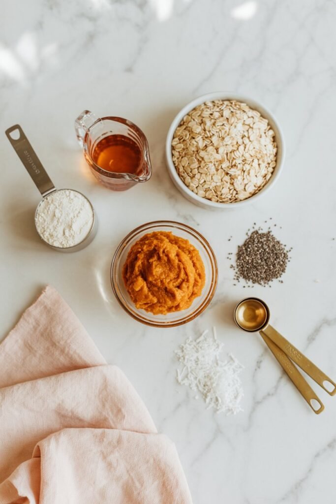 "Ingredients for Pumpkin Oat Cookie Dough Balls: oats, pumpkin puree, almond butter, and maple syrup, vegan and gluten-free."