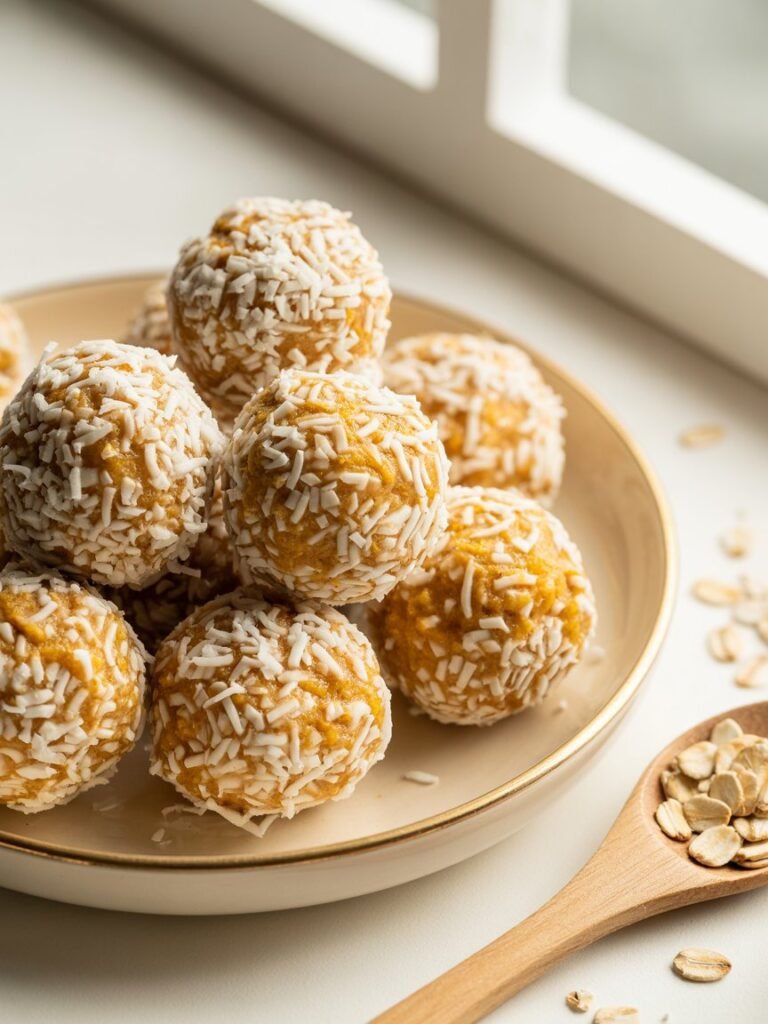 "Close-up of coconut pumpkin balls rolled in shredded coconut, soft and chewy vegan snack, gluten-free."