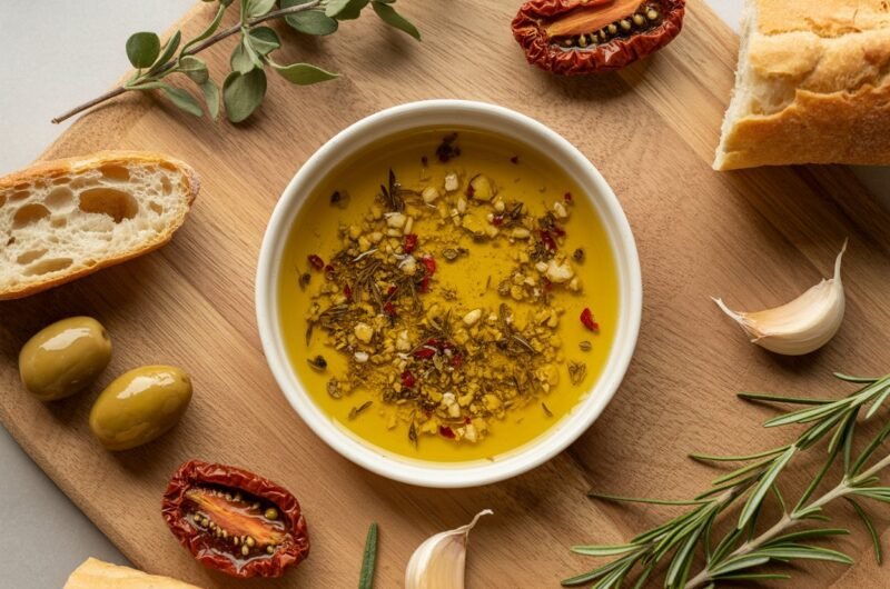 Delicious, Well-Seasoned Bread Dipping Oil with Olives, Sun-Dried Tomatoes & Capers